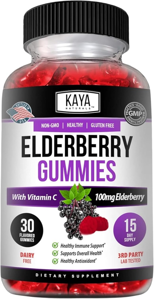 Kaya Naturals Immune Support Vegetarian Vitamina Gummy, Zinc, Vitamina C, Elderberry, Vitamina E, Lemon Flavor (30 Gummies)