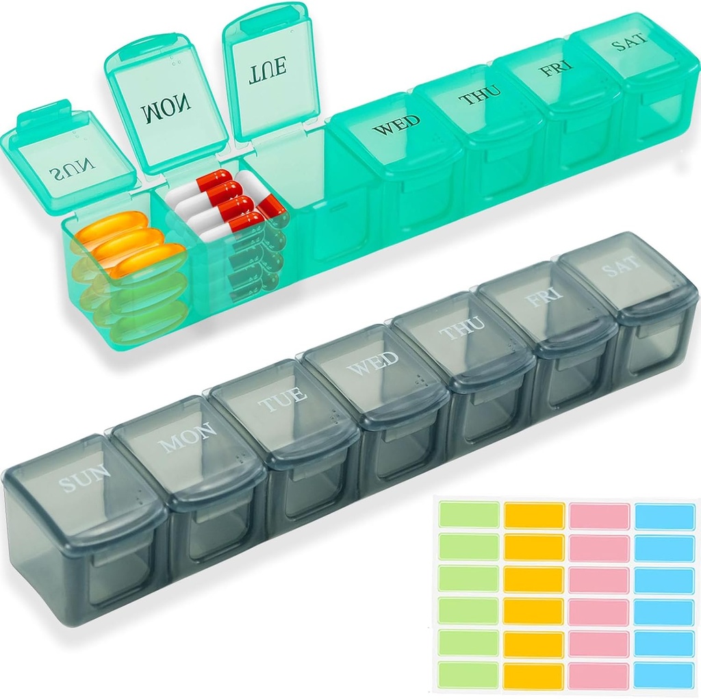 Gran organizador semanal de píldoras 7 días, 2 Pack Travel Daily Pill Box Container with Label, BPA-Free Vitamin Dispenser XL Pill Cases Organizer, AM PM Medicina Holder for Fish Oil Supplements