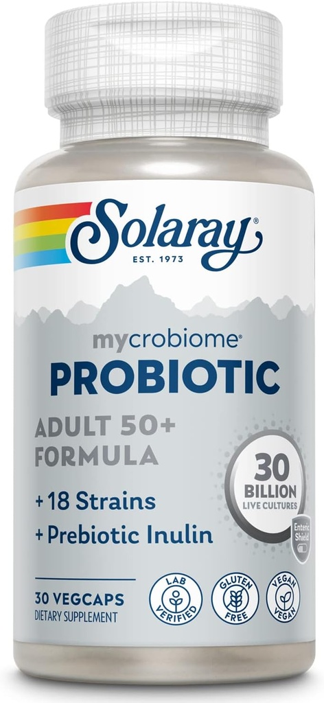 SOLARAY Mycrobiome Probiótico Adulto 50 Plus Fórmula, Probióticos para Mujeres y Hombres, Digestión Saludable, Metabolismo, Energía, Colon y Urinary Tract Support, 30 Billion CFU, 30 Servings, 30 VegCaps