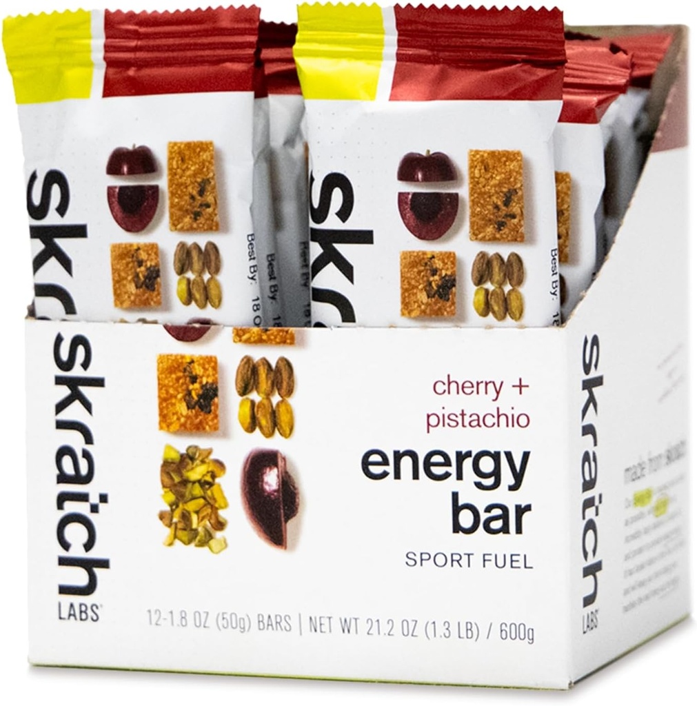 Skratch Labs Energy Bar ← Cherry + Pistachio (12 Pack) ← Plant Based Healthy Snack ← Low Sugar - 5g Protein ← Non-GMO, Gluten Free, Soy Free, Vegan, Kosher