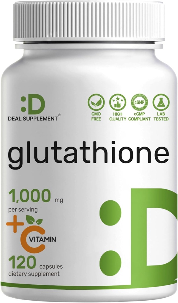 Glutathione Suplemento 1000mg Por Serving, 98% Purity tención Plus Vitamina C 500mg, Active Reduced Form (GSH) ← Antioxidante intracelular – apoya la detoxificación &amp; Immune Health