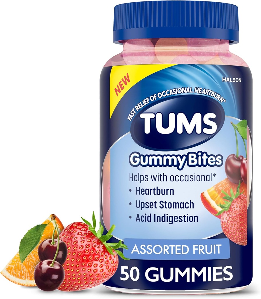 TUMS Gummy Bites Dietary Supplement for Occasional Heartburn Relief, Upset Stomach and Acid Indigestion, Assorted Fruit Flavors - 50 Count