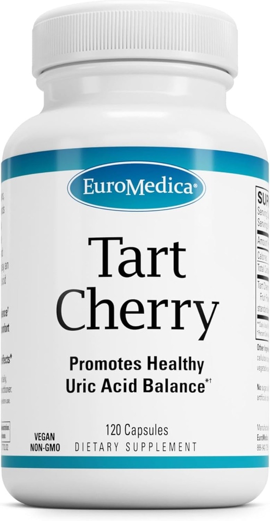 EuroMedica Tart Cherry - Suplemento antioxidante para apoyar el equilibrio ácido úrico saludable " Salud conjunta - Suplemento nutricional vegano - Suplemento dietético para la recuperación de la ayuda después del ejercicio - 120 cápsulas