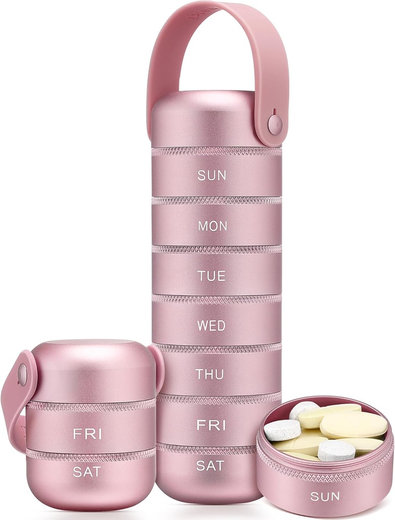 Zannaki Metal organizador semanal de píldoras, caja grande de carga de viaje 7 días, caja impermeable de píldoras diarias con manija de silicona, aleación de aluminio Contenedor portátil para vitaminas, medicinas, suplementos