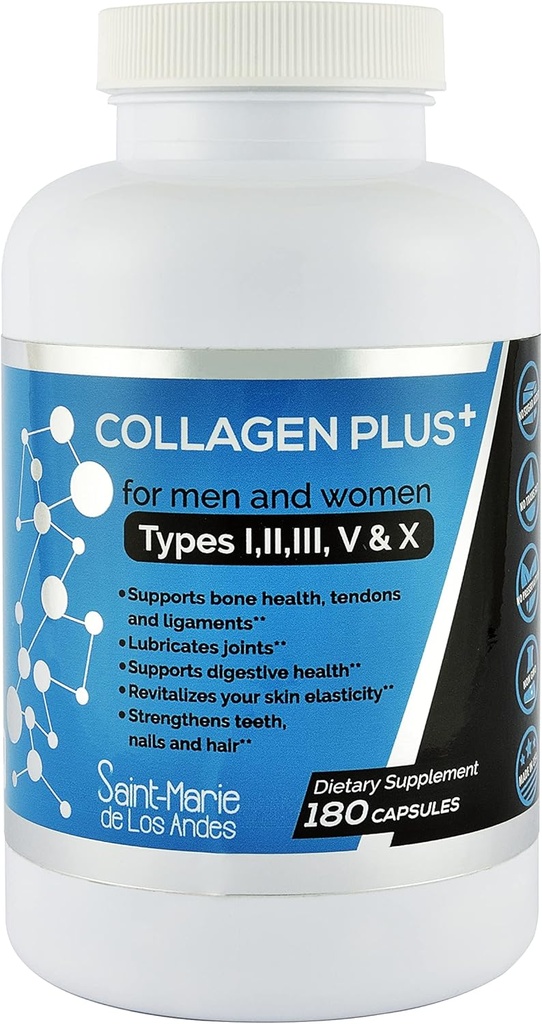 Multi Collagen Pills Plus + 180 Capsules (Types I, II, III, V &amp; X) + Absorción Enhancer (3 meses de suministro) - Non-GMO, Collagen Suplementos para soportar el cabello, la piel, las uñas, las articulaciones, " Gut Health