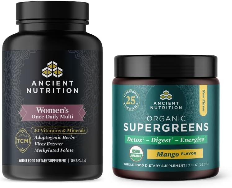 Antigua Nutrición Multivitamina para Mujeres, Una vez Diario, 30 Cuenta + Polvo Ecológico Supergreens, Mango, 12 Servimientos