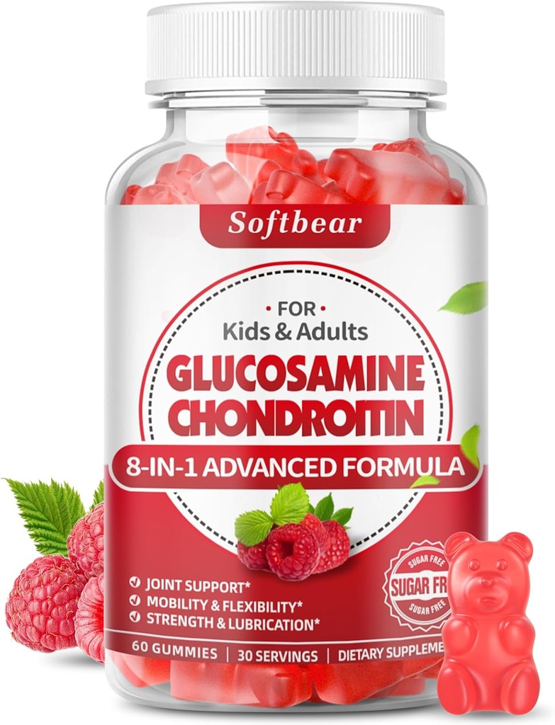 glucosamina de abeja Glucosamina Gummies, azúcar Glucosamina libre de condroitina MSM Suplemento con Elderberry Turmeric Supports Joint Health & Antioxidant, Raspberry Flavored 60 Count