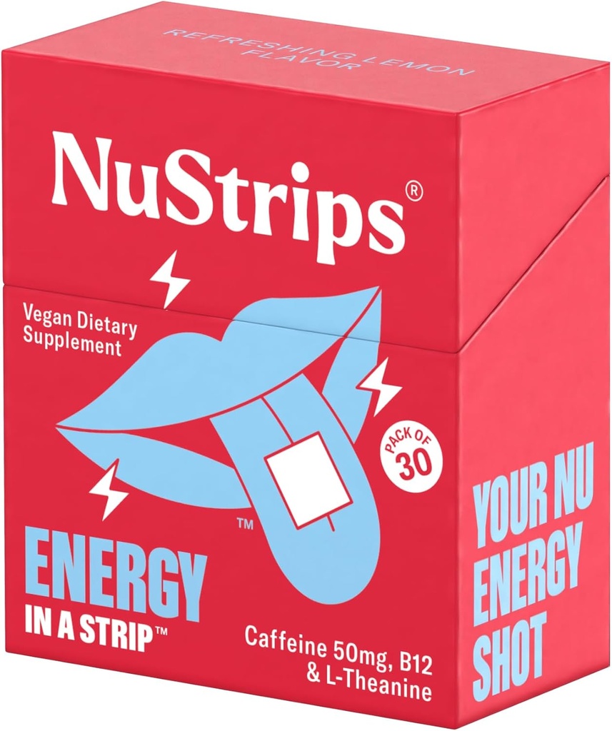 NuStripsTM Fast-Dissolving Energy Strips with 50mg Caffeine, L-Theanine & Vitamin B12 – Instant Energy & Focus Without Jitters or Crash – Works Faster Than Coffee – Refreshing Lemon – 30 Strips