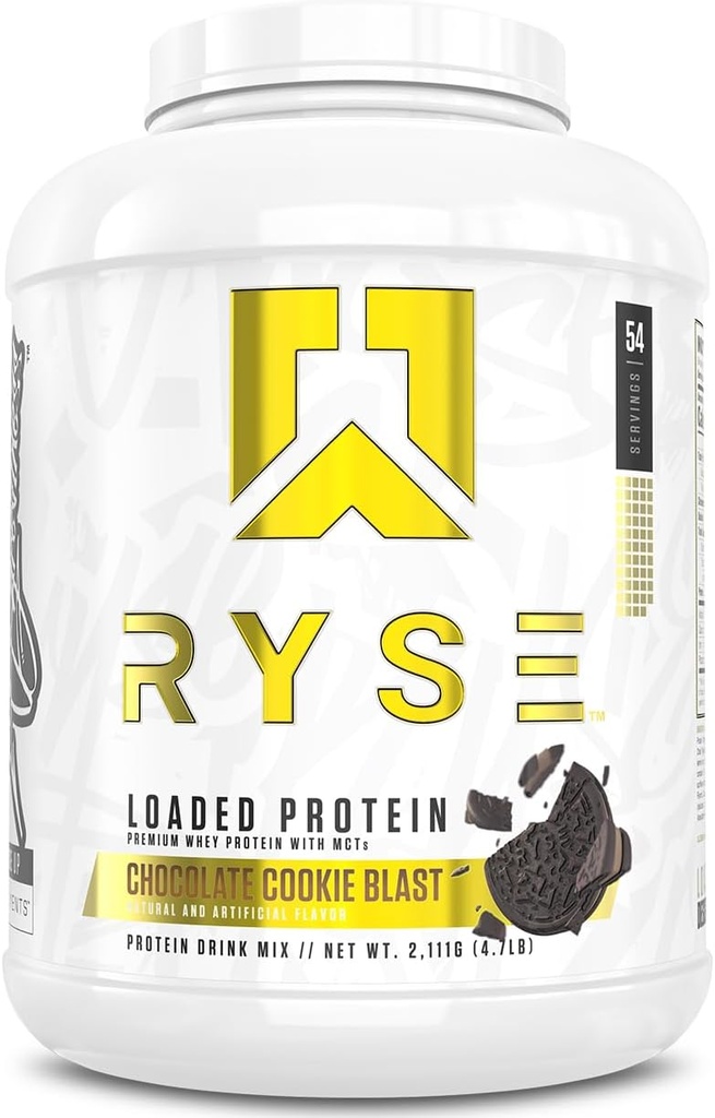 Polvo de proteína cargada RYSE - Chocolate Cookie Blast - 25g Whey Protein Isolate " Concentrate with Prebiotic Fiber " MCTs - Low Carb, Low Sugar, Digestive-Friendly - 54 Servings / 4 lb Tub