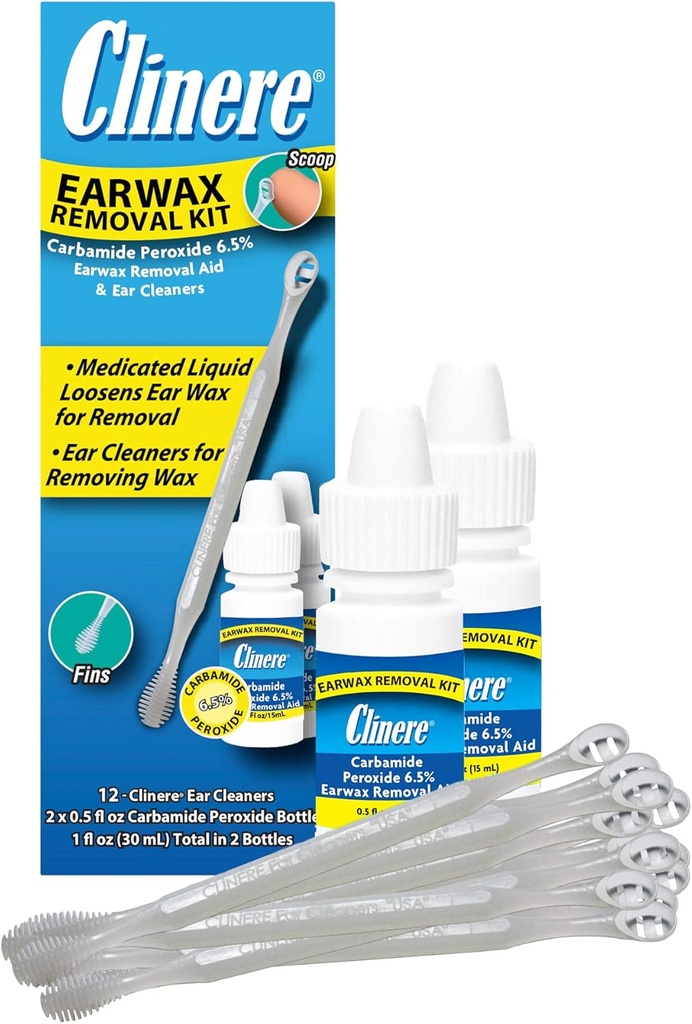 Clinere Earwax Removal Kit, seguro y suavemente limpio Ear Wax, Itch Relief, Works Instantly .5oz Carbamide Peroxide, 2 x .5 Fl Oz con 12 palos