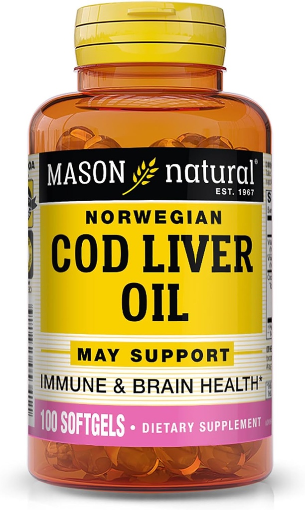 MASON NATURAL Cod Liver Oil Plus Vitamina A &amp; D3 - Función sana del corazón y del cerebro, mejor inmunidad, soporta salud general, 100 Softgels