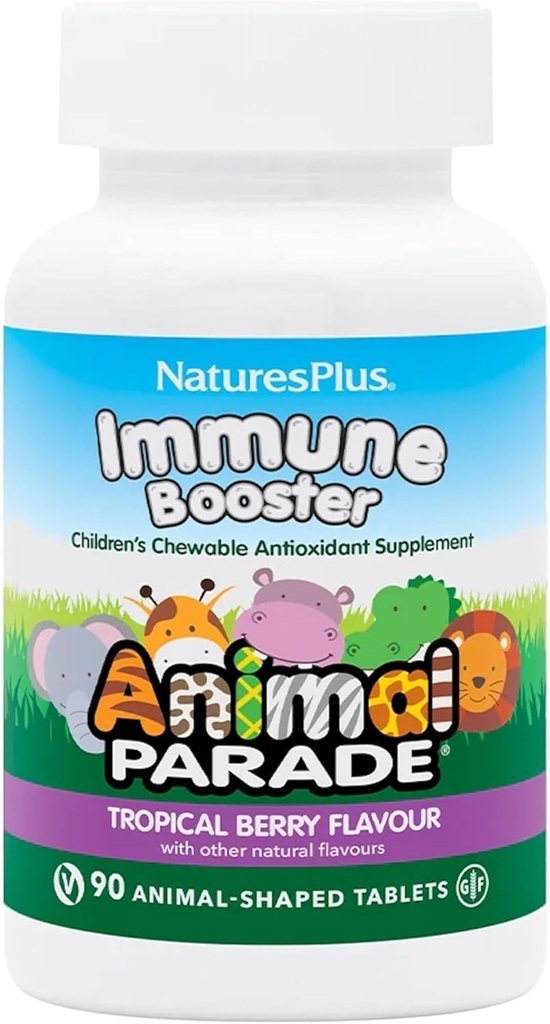 Natures Plus Animal Parade Immune Booster - Tropical Berry Flavor - 90 Animal-Shaped Chewable Tablets - Provee Immune System Support - Gluten Free, Vegan - 45 Servings