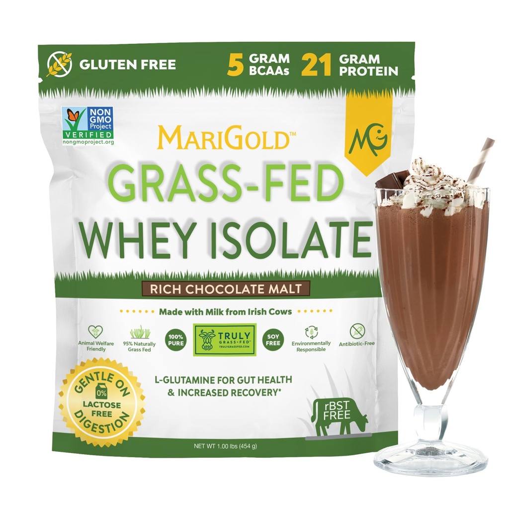 MariGold Grass-fed Whey Protein Isolate Powder - Rich Chocolate Malt Flavor - 1 Lb ← 100% Puro, Cod-Procesado, Micro-Filtered, Undenatured, Non-GMO, rBGH Free, Soy Free, Gluten Free, Lactose Free