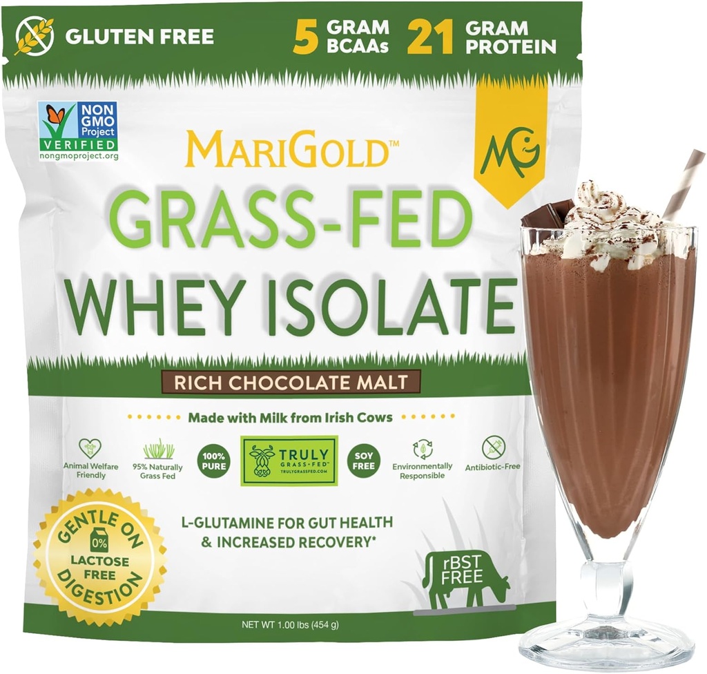 MariGold Grass-fed Whey Protein Isolate Powder - Rich Chocolate Malt Flavor - 1 Lb ← 100% Puro, Cod-Procesado, Micro-Filtered, Undenatured, Non-GMO, rBGH Free, Soy Free, Gluten Free, Lactose Free