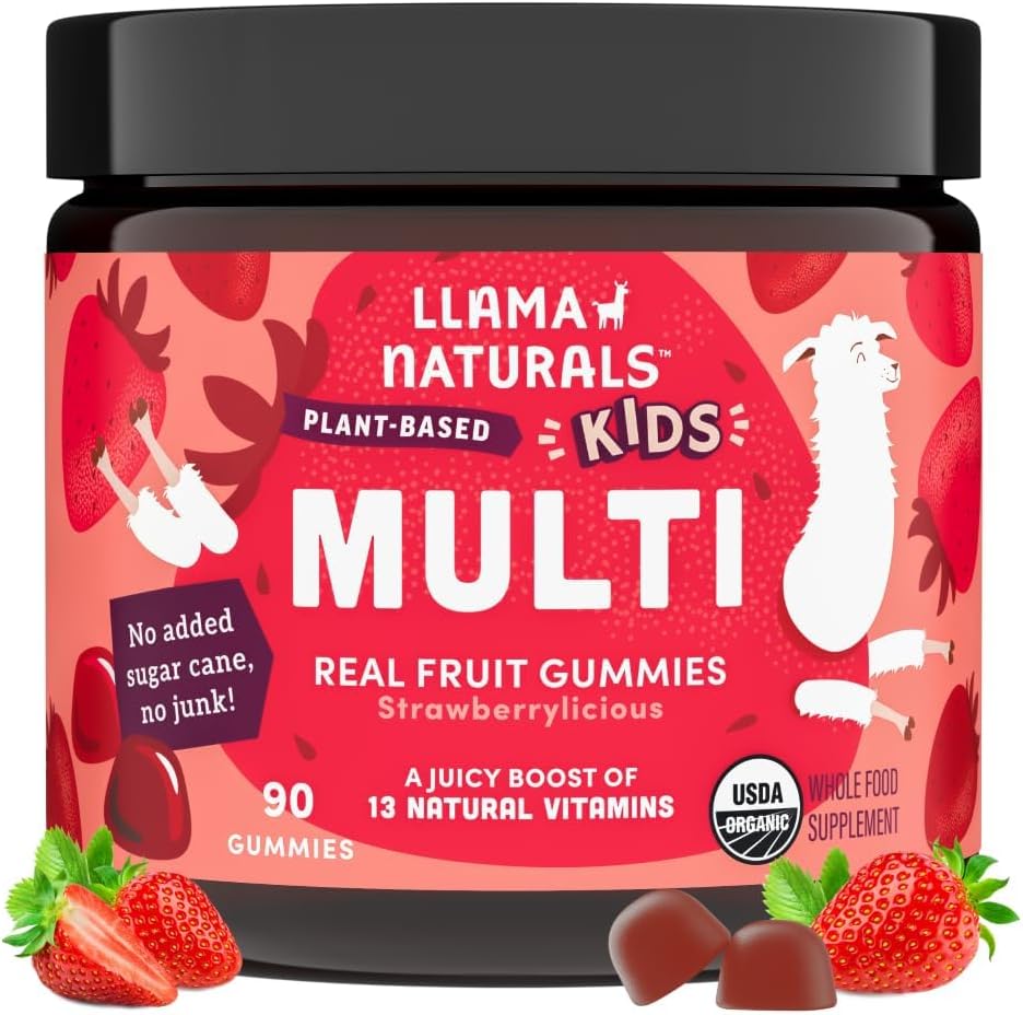 Llama Naturals Niños Gummies multivitamínicos, Vegan, Orgánica con Vitamina D, C & K, Vitaminas de Gummy de Fruto Real Toddler, Suplemento Chewable, Multivitamínico de Alimentos enteros, No Añadido caña de azúcar, Fresa, 90 Ct