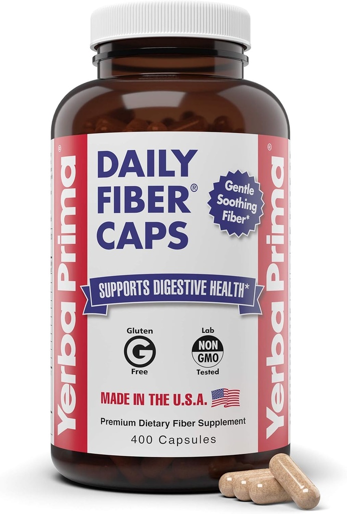 Yerba Prima Daily Fiber Caps Fórmula, 400 cápsulas - Soluble e Insoluble - con Psyllium Seed Husks, Acacia Gum, Apple Fiber y Más - Suplemento dietético