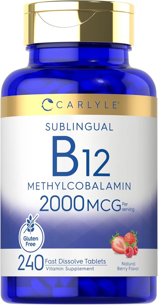 Carlyle B12 Vitamina 2000 mcg ← 240 Fast Dissolve Tablets ← Methylcobalamin sublingual ← Berry Flavor  Vegetarian, Non-GMO & Gluten Free Supplement