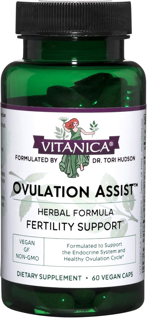Vitanica Ovulation Assist - Ovarian Health &amp; Adrenal Support with Rhodiola Rosea, Holy Basil, Tribulus Terrestris & Chaste Tree - Herbal Dietary Supplement - Lady - 60 Vegan Caps