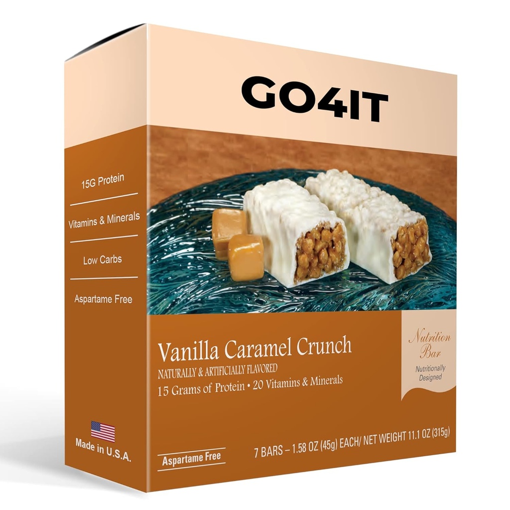 GO4IT Health Meal Replacement Bar, HighGH Protein Nutrition Bar, HighGH Fiber, LOW Calories, KETO friendly, On-the-go, Weight Loss Food Bar, 7/Box - (Vanilla Caramel Crunch)