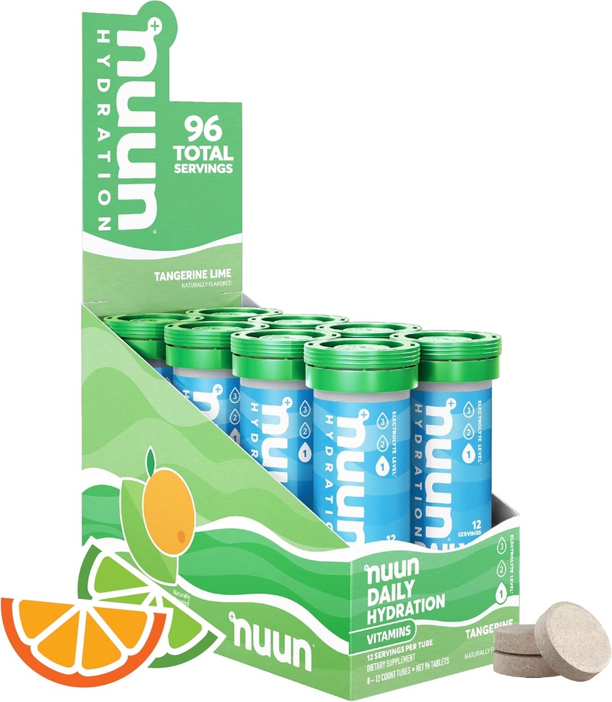Nuun Vitaminas Electrolito Tabletas con Vitamina D, C, E, A, " B6, ácido fólico, Magnesio " Otros electrolitos esenciales, Gluten Free " Vegan, Tangerine Lime, 8 Pack (96 Servimientos Total)