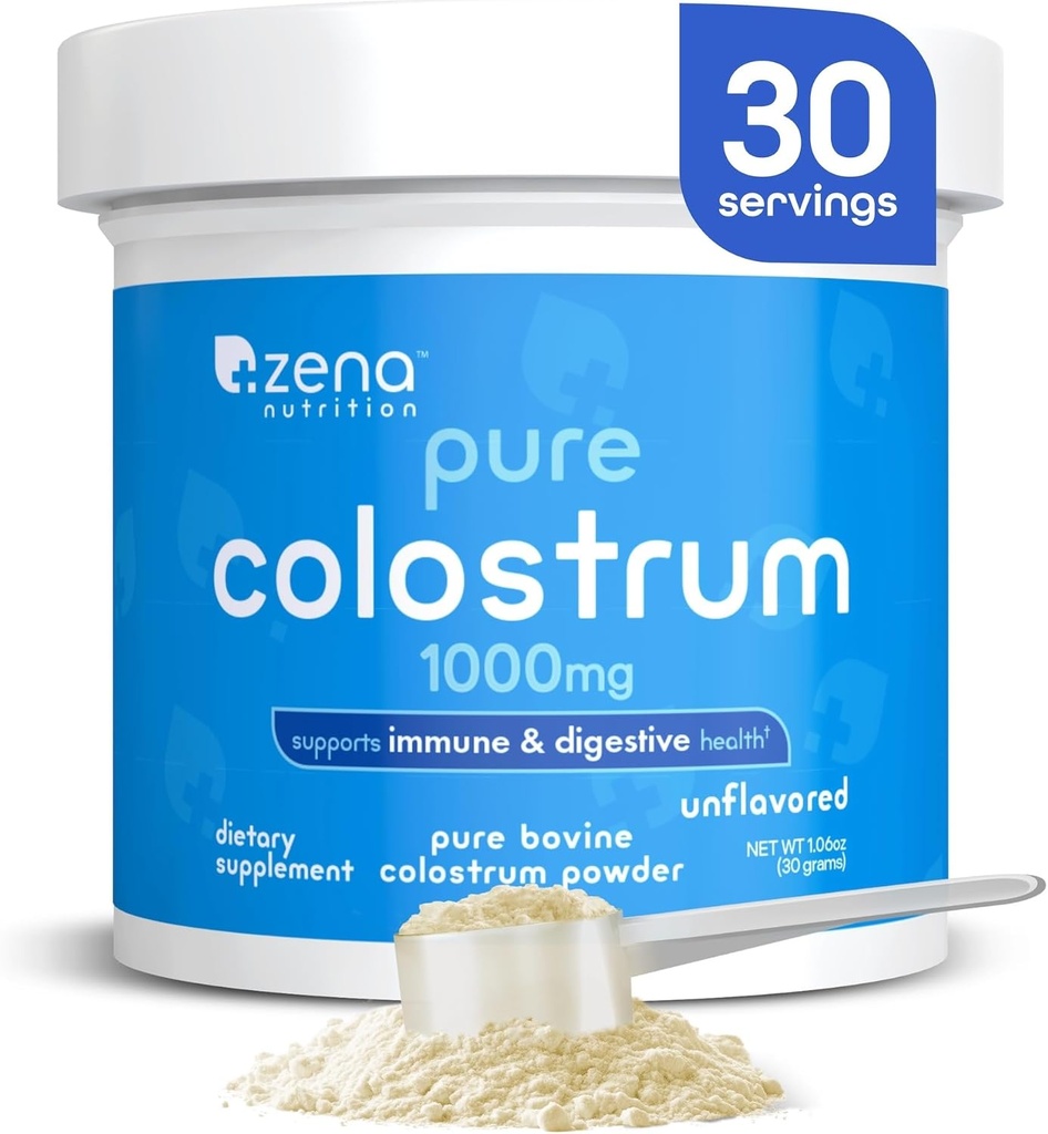 Zena Nutrition Bovine Colostrum Powder Suplemento, 1000mg Puro Colostrum, apoya la salud inmune y digestiva, promueve la salud de Gut, Keto, Gluten Free, Fat Free, Grass Fed, Unflavored, 30 Servings
