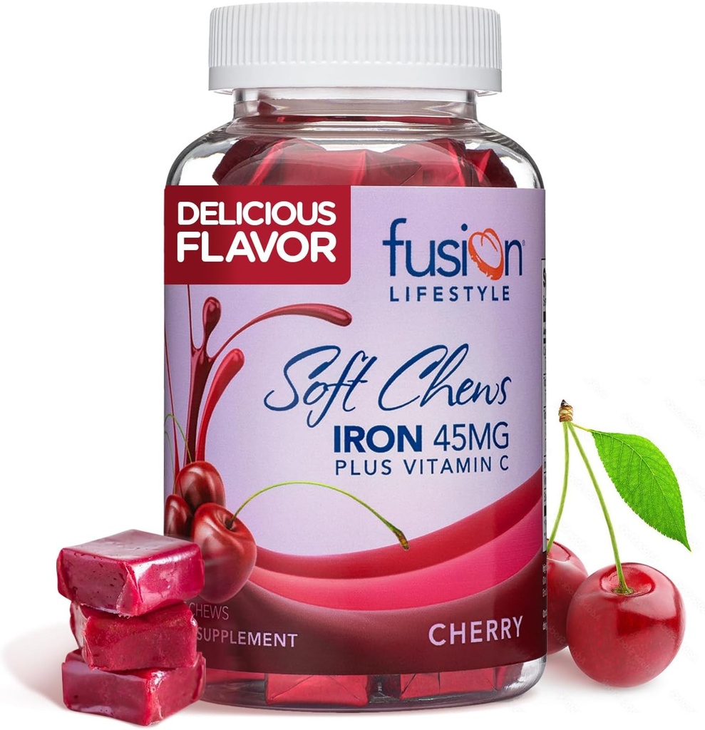 Suplemento de Hierro Chewable para Hombres - Cherry Flavor, Iron Vitamin C Soft Chew para Max Absorption, Hierro como Ferrous Fumarate, Ideal para la anemia y la deficiencia de hierro, 2 Month Supply