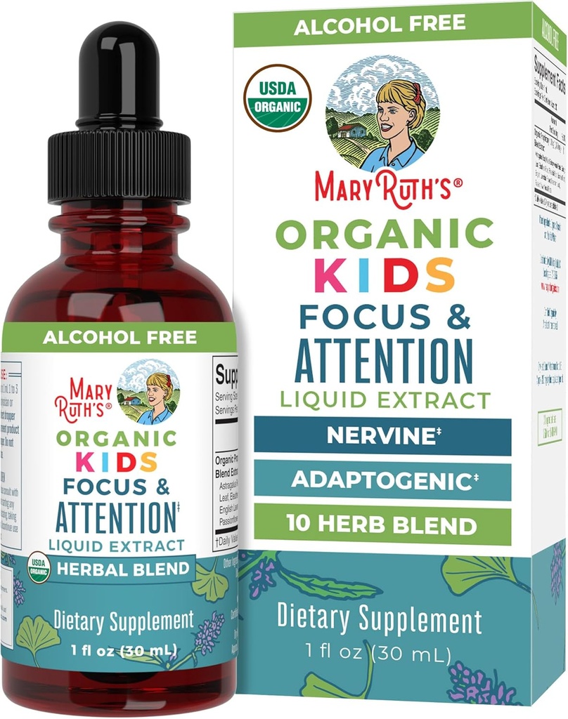 MaryRuth Organics Kids Brain Supplements for Memory and Focus, USDA Organic Drops with Ginkgo Biloba, Rhodiola Root & Licorice Root, Focus &amp; Atención, Calm, Vegan, Non-GMO, Gluten Free, 30 Servings