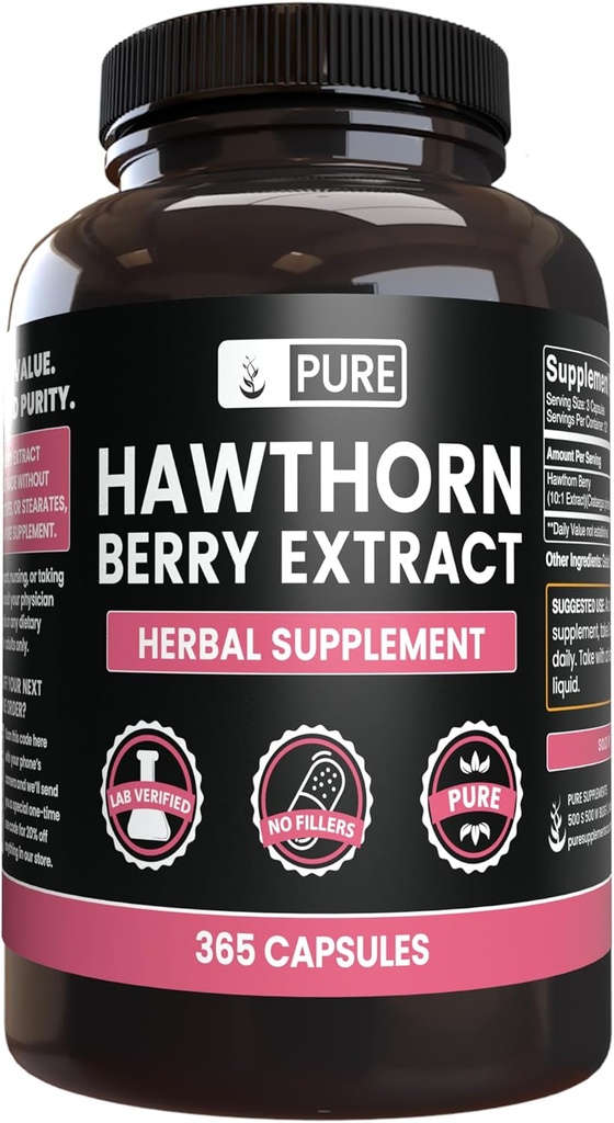 Puro Ingredientes originales Hawthorn Berry Extract No Magnesium Or Rice Fillers, Siempre Puro, Lab Verified (365 cápsulas)