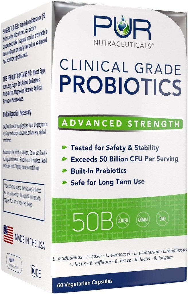 Probióticos de Grado Clínico * 50 Billones CFUs/Serving * 10 Strains * Prebiótico incorporado * 60 cápsulas diarias - 2 meses de suministro * Todo Natural 100% Made in USA