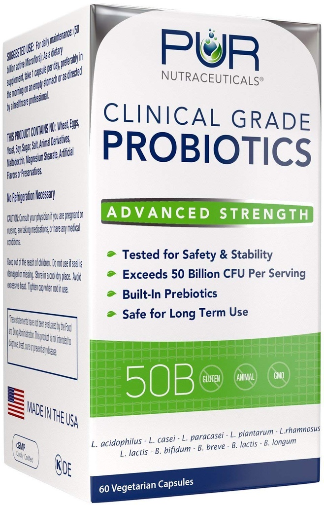 Probióticos de Grado Clínico * 50 Billones CFUs/Serving * 10 Strains * Prebiótico incorporado * 60 cápsulas diarias - 2 meses de suministro * Todo Natural 100% Made in USA