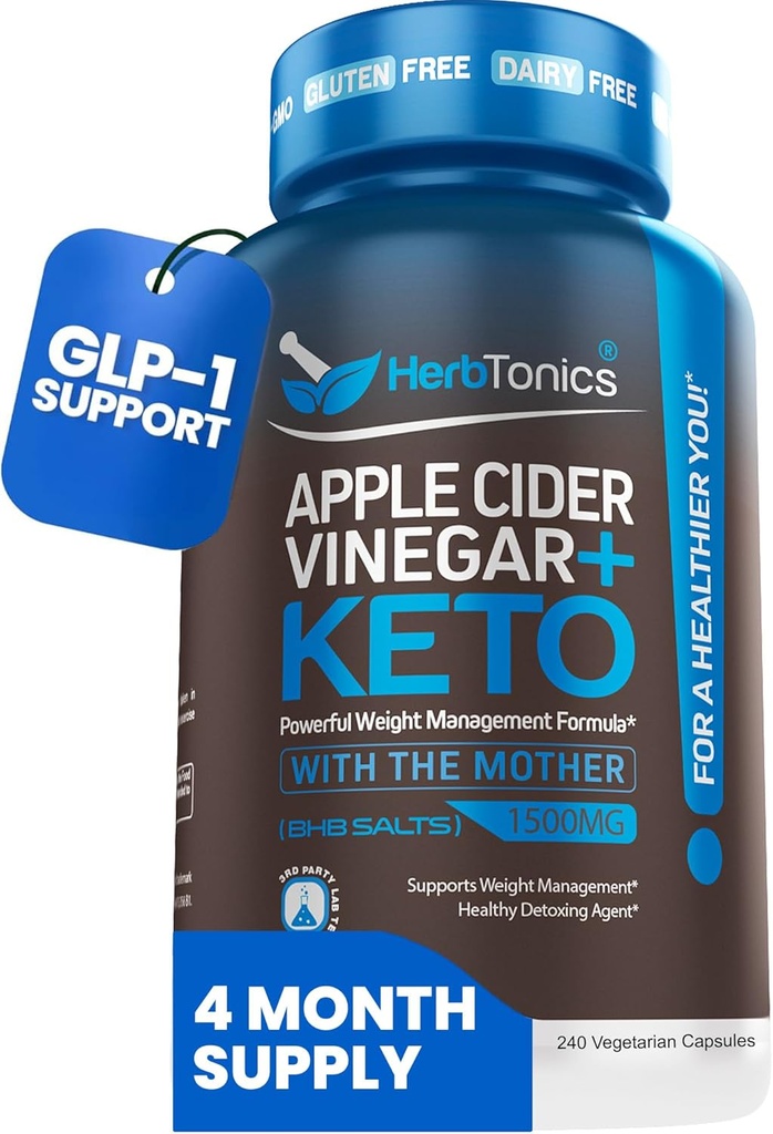 Herbtonics Apple Sider Vinegar con Keto BHB Salts - GLP-1 Suplemento de apoyo para el metabolismo y el control de la competencia, 240 cápsulas.