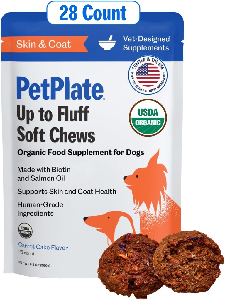 PetPlate Up to Fluff Soft Chews for Dogs, Skin & Coat Support, USDA Organic Supplement, Grain-Free, Human-Grade, Incluye Aceite de Salmón y Biotina, Pet Supplies (Pack of 1, 9.8 Ounce)
