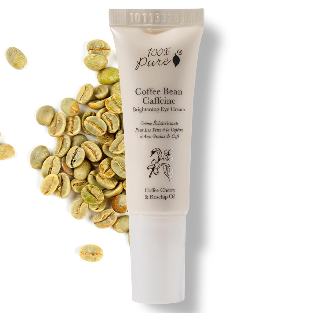 100% PURE Cafe Bean Caffeine Eye Cream Refresh " Hydrate Under Eye Treatment Reduce Puffiness, Dark Circles, Wrinkles with Green Tea, Rose Hip, Vitamina E - Youthful Vibrant Eyes - Vegan - 0.3 oz