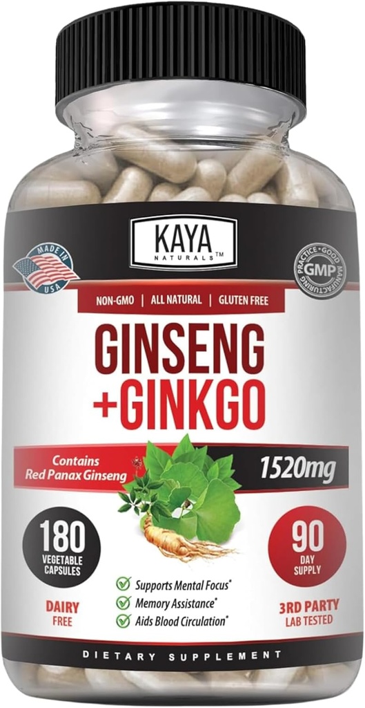 Kaya Naturals Red Panax Ginseng + Ginkgo Biloba - Nootropic Brain Supplement - Cognitive and Concentration Support - Brain Booster, Focus, and Memory Supplement - 180 Capsules