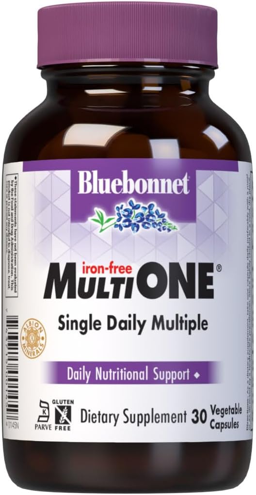 Bluebonnet Nutrition Multi ONE (Iron-Free), Daily Nutritional Support*, Kosher Certified, Gluten-Free, Dairy-Free, Vegetarian Friendly, 30 Vegetable Capsules, 30 Servidores