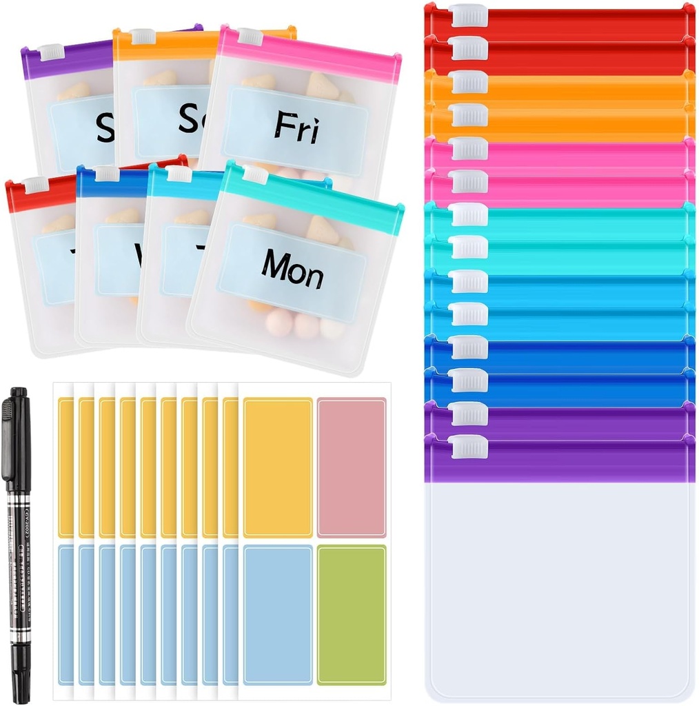 MARFOREVER 25 Pcs Pill Pouch Bolsas Pequeñas Pill Pill Medicina Reutilizable Organizador Caja de Contenedor de Píldora de Viajes con Bloqueo 14 Pcs Bolsas de Medicina Plástica 10 Pcs Hojas Etiquetas y Marcador