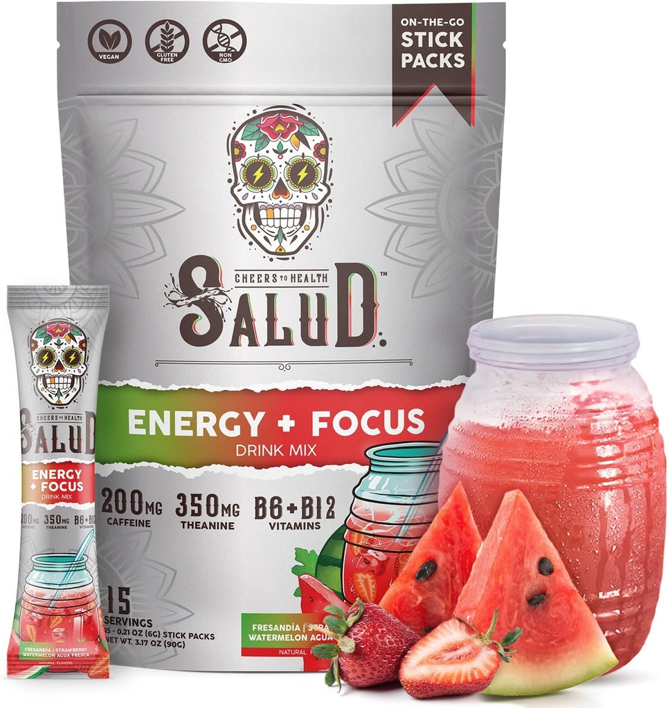 Salud 2-en-1 Bebida Energética Powder + Focus, Strawberry Watermelon, Organic Caffeine, B6 + B12, Theanine, Clean Energy Drink Packets, Fresandia Agua Fresca Mix, Non-GMO, Gluten Free, Vegan, 1g of Sugar, (15 Servings)