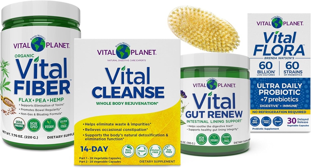 Planeta Vital - Kit completo de limpieza interna del cuerpo con programa Vital Cleanse 14-Day 2-Part, Vital Fiber, Vital Gut Renew y Vital Flora Probióticos con Prebióticos, 4 Productos en uno