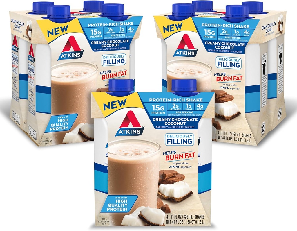 Atkins Creamy Chocolate Coconut Protein Shake, 15g Protein, 2g Net Carbs, 1g Sugar, Keto Friendly, 12 Cuenta
