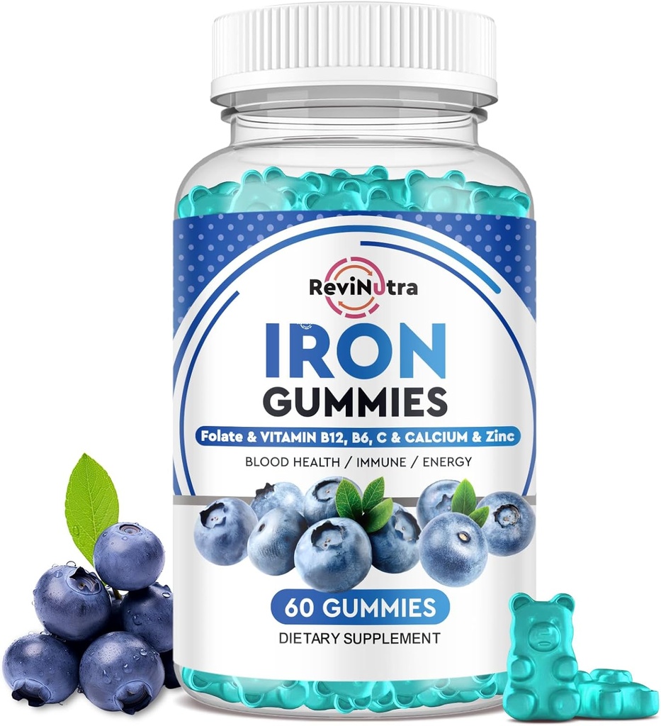 Gummies de hierro - con calcio, zinc, folato & vitamina B12, C,B6 para adultos &amp; niños - Constructor de sangre " Apoyo energético para la deficiencia de hierro, anemia, Vegan - Blueberry Flavor, 60 Gummies