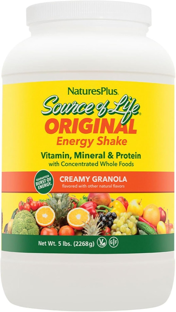 NaturesPlus Source of Life Energy Shake - 5 lbs, Vegetarian Drink Mix - Granola Flavor - Multivitamin, Mineral &amp; Protein Powder - Whole Food Meal Replacement - Non-GMO, Gluten-Free - 58 Servings