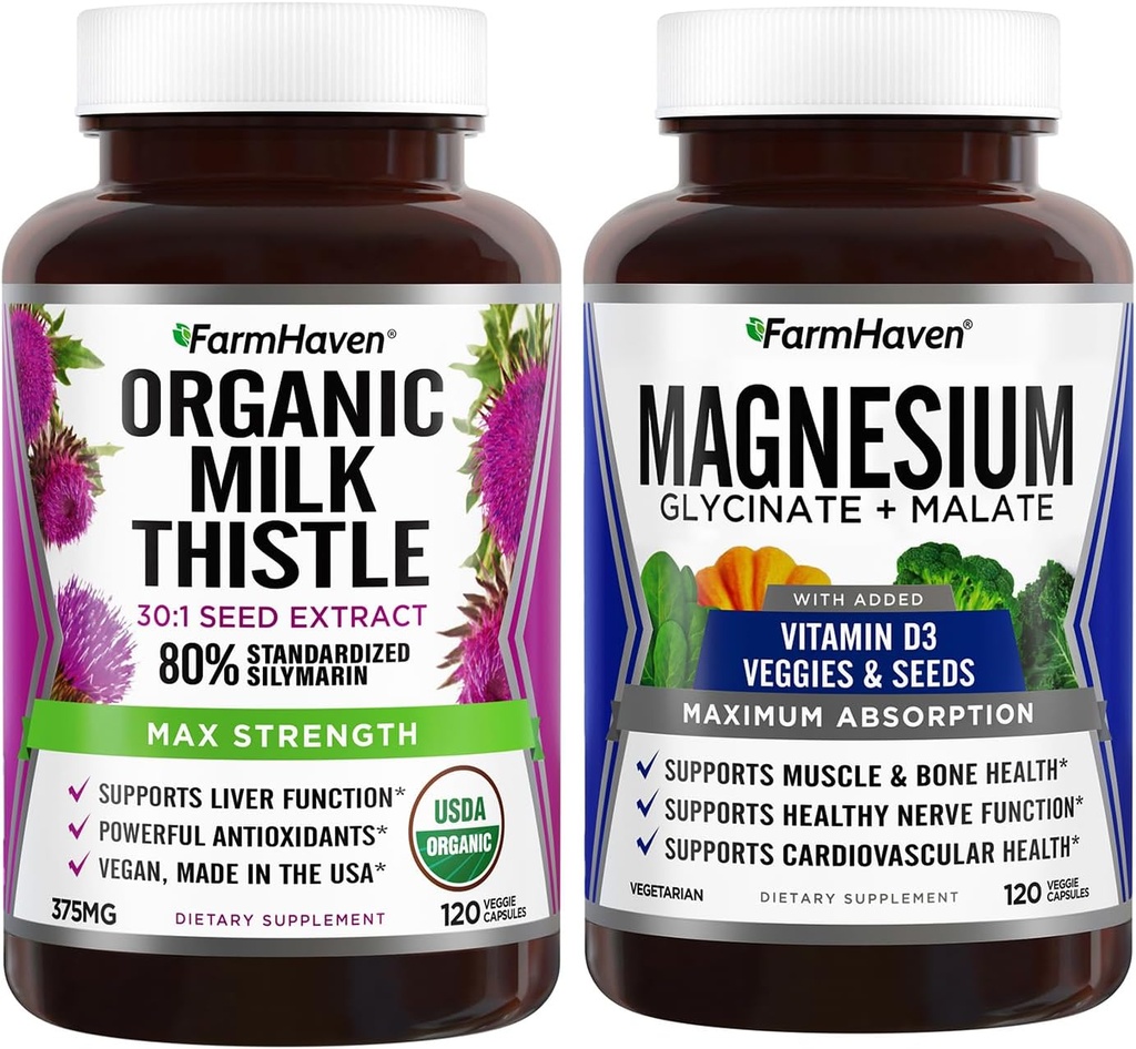 FarmHaven Milk Thistle Capsules &amp; Magnesium Glycinate &amp; Malate Complex w/Vitamin D3