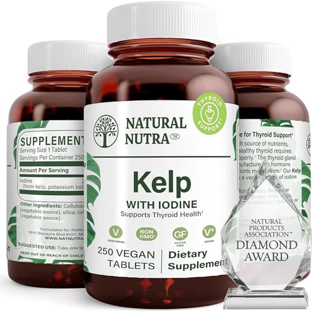 Natural Nutra Kelp Iodine Thyroid Support Suplemento, Fortalece el Sistema Inmunitario y Regula el Metabolismo, Vegan Sea Kelp, Non GMO, Atlantic Sourced Seaweed Extract, 225 mcg, 250 Tablets