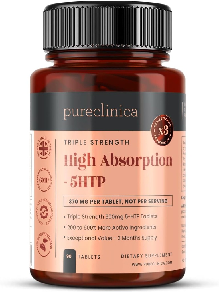 Absorción alta 5HTP 300mg x 90 tabletas - suministro de 3 meses. con vitamina C, B6, y extracto de pimienta negra