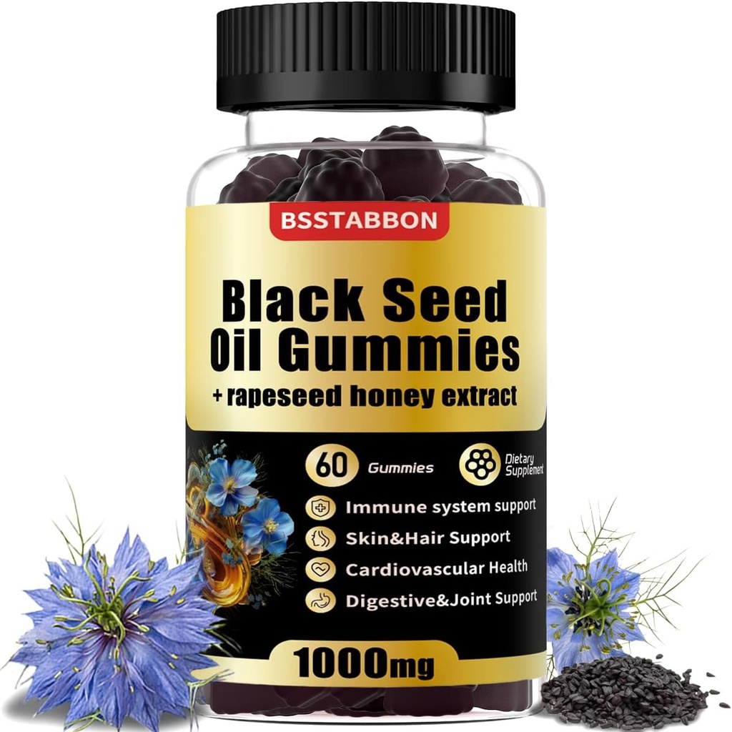 Mangas de aceite de semilla negra con 1000 mg de aceite de semilla negro orgánico, extracto de miel de 25 mg de violación, vitamina B6,B12 y zinc para soporte de sistema inmunitario (60 Gummies) (60 Conde)