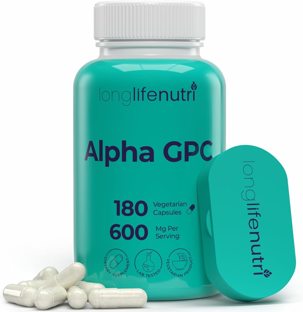 Suplemento de la línea alfa GPC 600mg – 180 cápsulas vegetarianas, Nootropic de alta pureza para energía diaria, fuente de 3 meses, fuente de acetilcolina para la claridad mental cognitiva, certificado GMP, hecho en EE.UU.