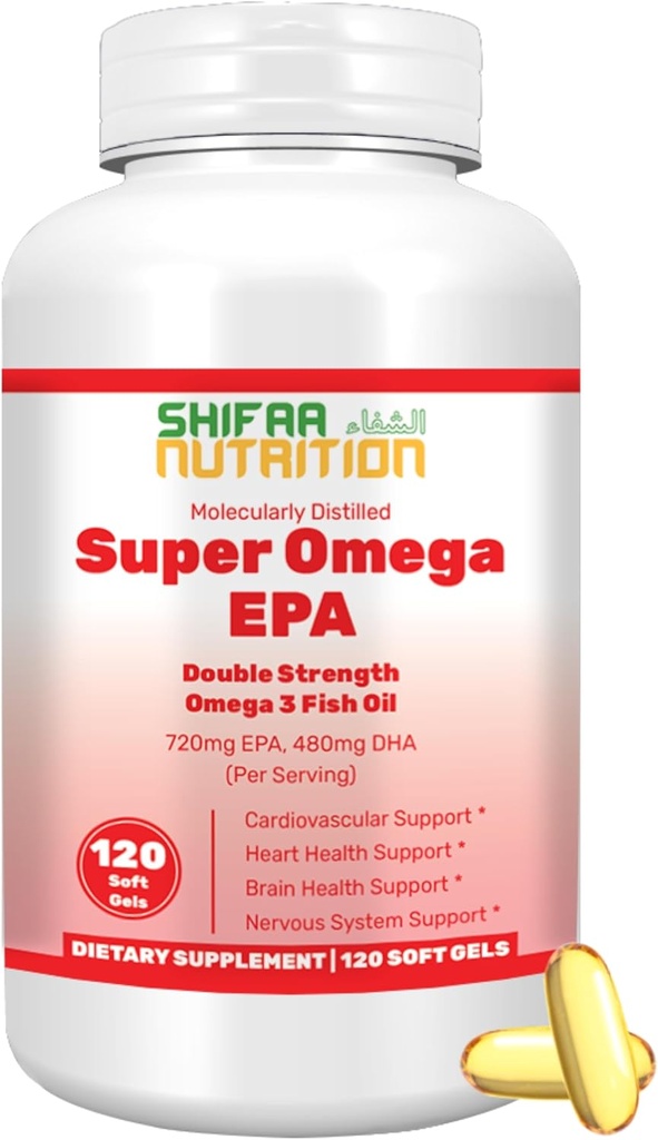 SHIFAA NUTRITION Halal Fish Oil Softgels 120 Ct, Double Strength - Halal Omega 3 Fish Oil Supplements. Wild Caught, Non-GMO ' Purified