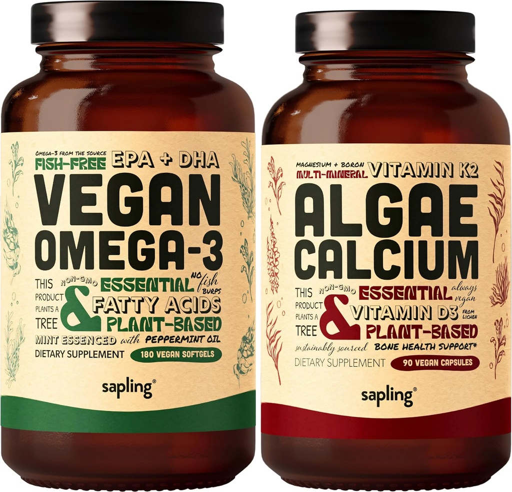 Vegan Omega 3 180 Softgels & Algae Calcium Bundle - Planta base DHA &amp; EPA ácidos grasos, Suplemento de calcio de Algas Rojas con vitamina K2 &amp; D3, Magnesio, Zinc, Boron, Complejo Mineral