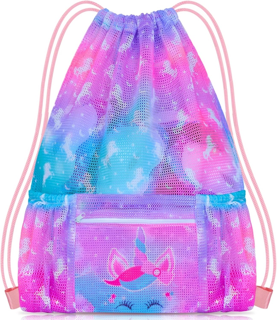 PASHOP Drawstring Backpack for Kids, Girls Mesh Beach Bag for Swimming, Large Size Gym Drawstring Bags Cinch Sack for Girls (Unicorn)