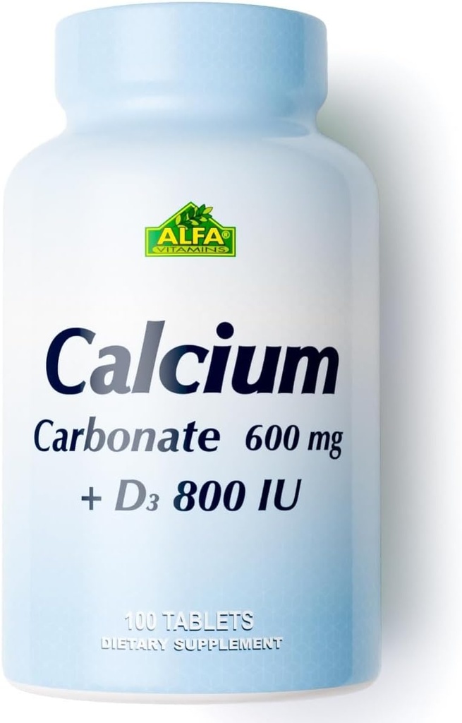 Calcio 600mg + D3 Suplemento dietético por ALFA Vitaminas - Promueve Huesos saludables - Dientes saludables - Corazón sano - Sistema nervioso saludable -100 Tabletas